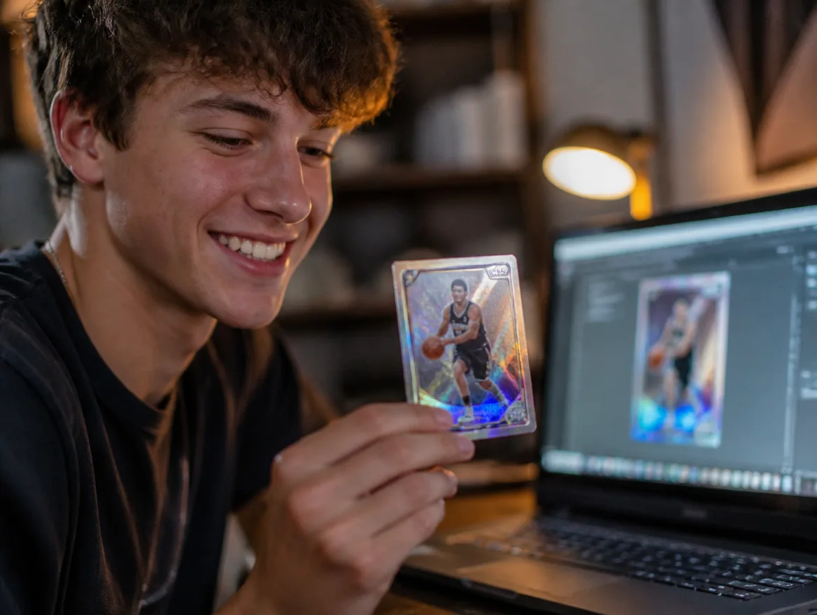 Person at a laptop holding a freshly printed custom basketball card