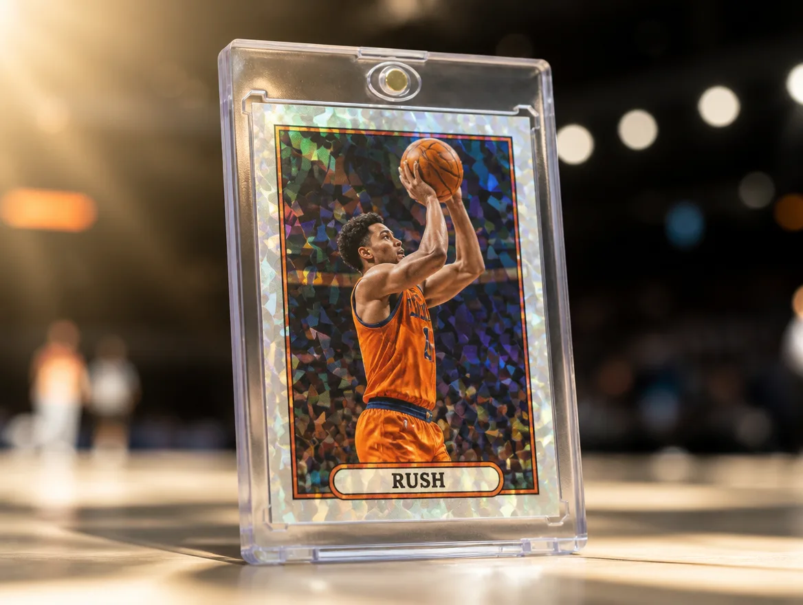 Custom basketball card made with a 2K card maker, shown in a magnetic case
