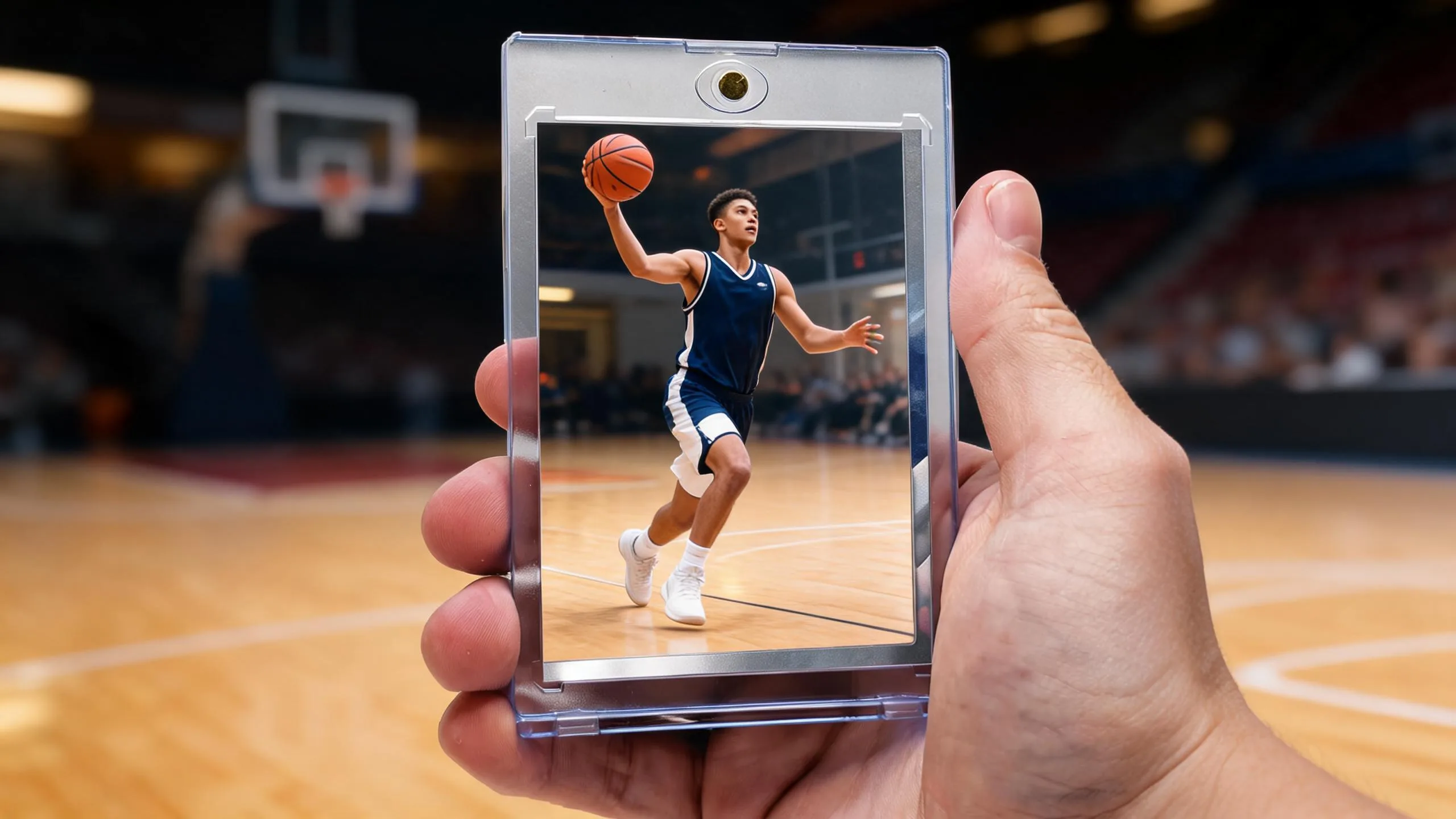 Hand holding 2kcard magnetic case with a full-bleed basketball action card, gymnasium background.