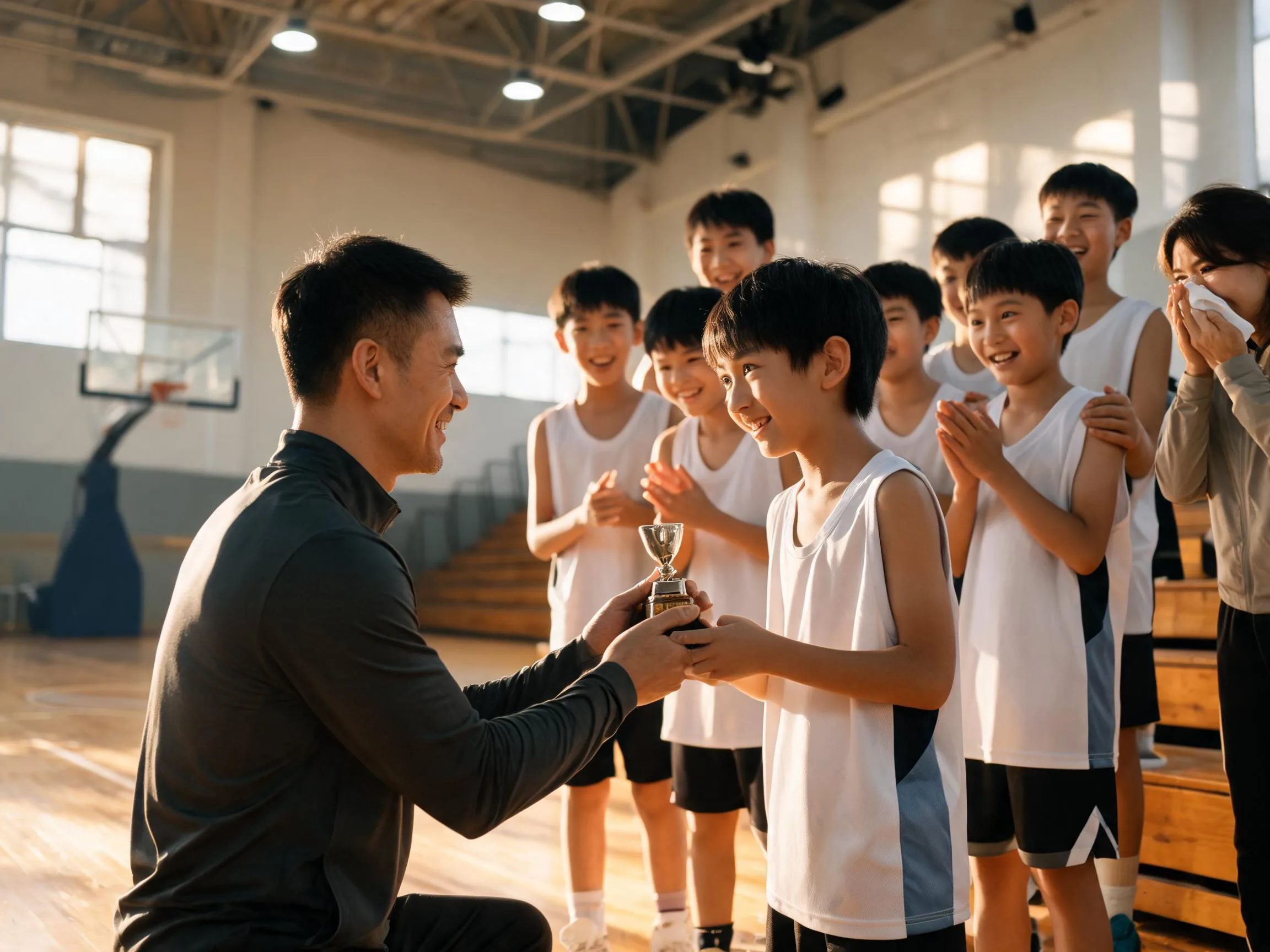 Coach and young athlete share proud moment on gymnasium court with teammates.