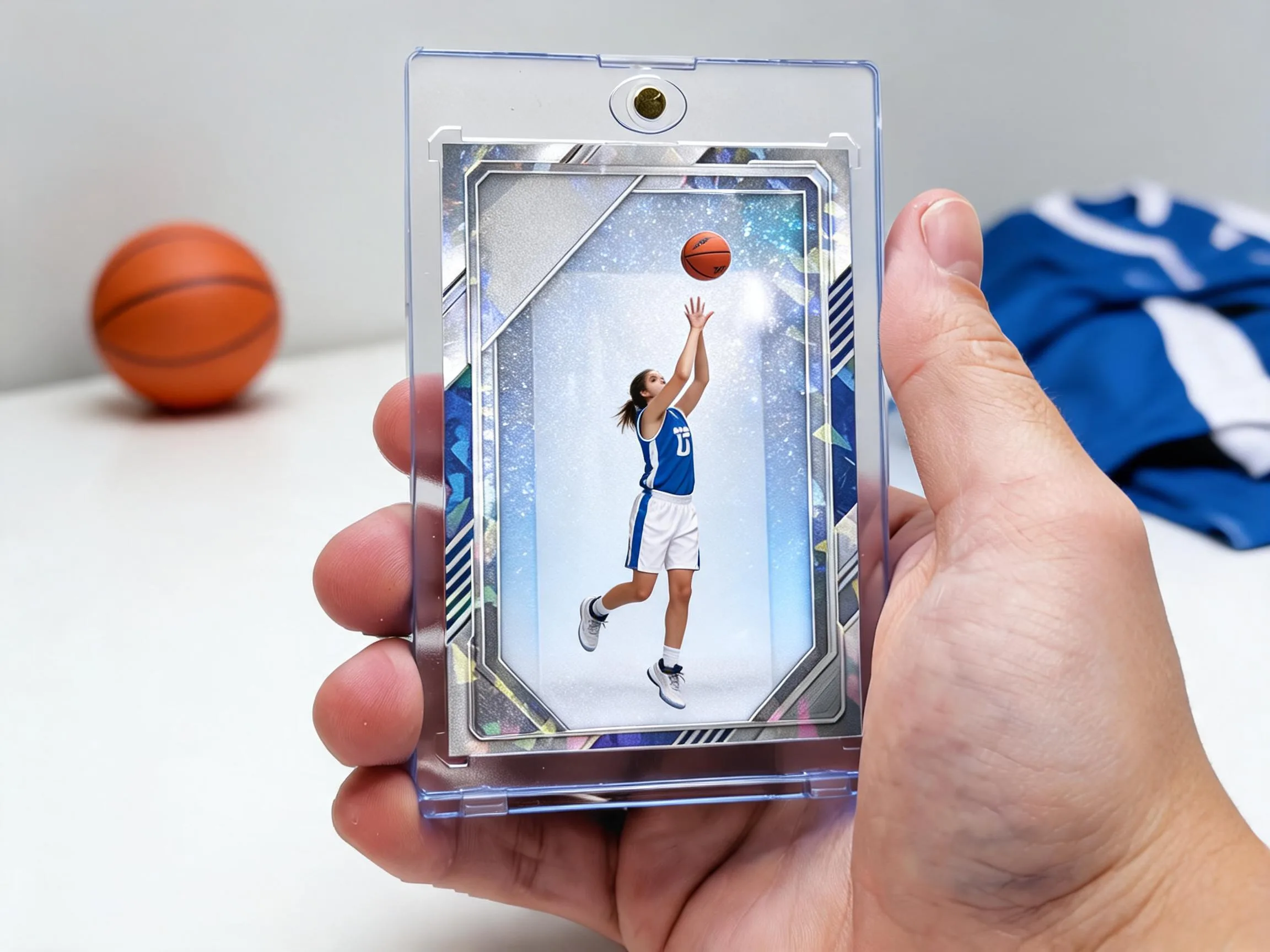 Custom basketball trading card in clear magnetic case, icy silver-blue refractor design.