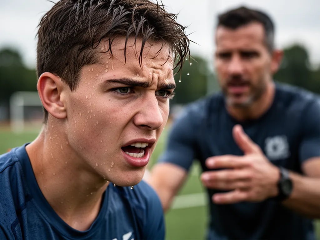 Close-up of focused athlete's face showing determination with blurred coach in background
