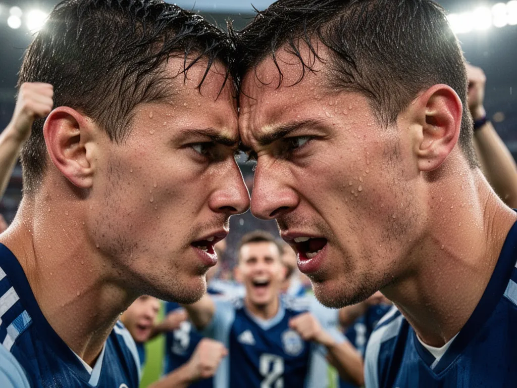Athlete displaying intense emotion and determination with celebrating supporters visible in soft focus background