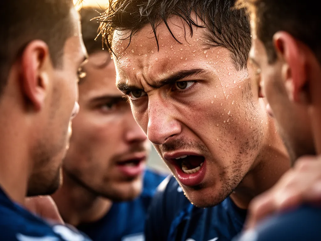 Close-up portrait of determined athlete's face showing concentration and effort during competitive moment