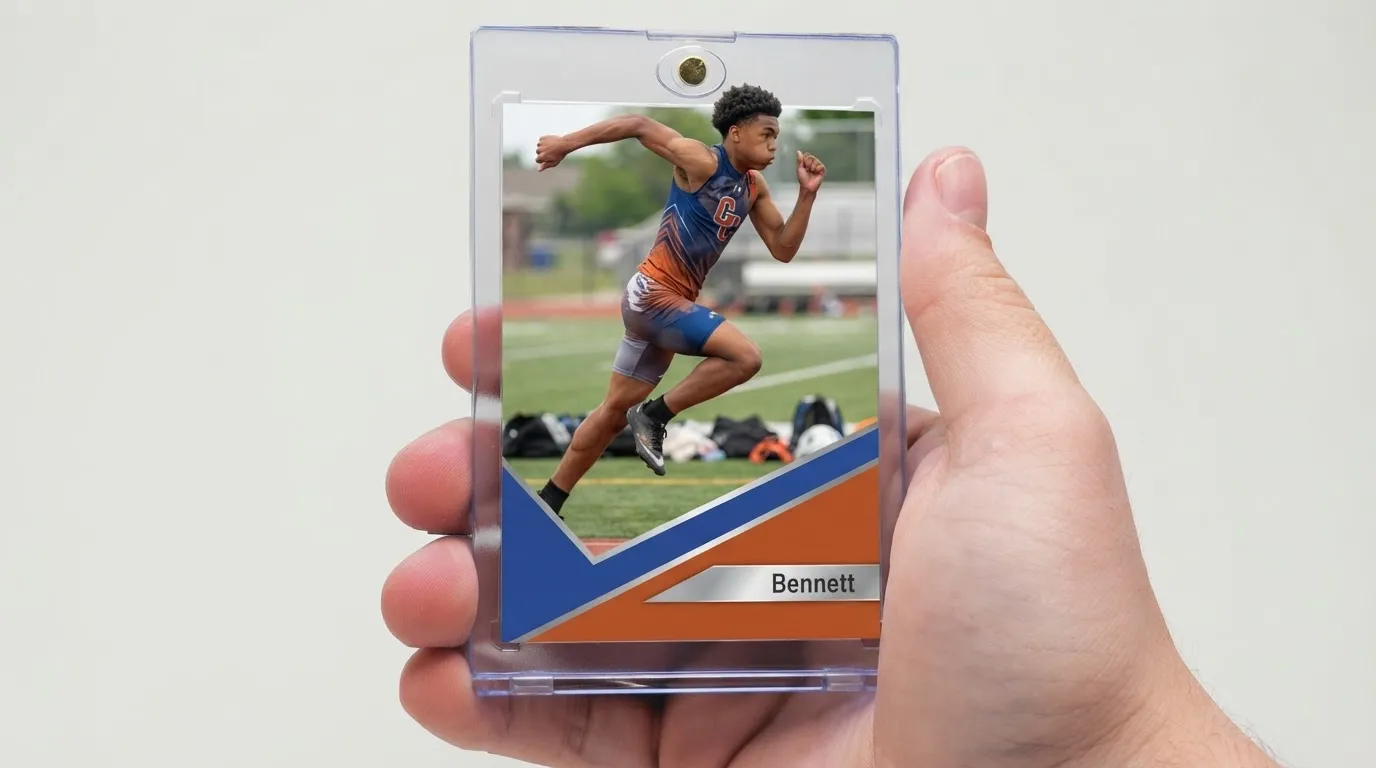 Hand holds magnetic case with bold diagonal sports card, ideal 6 year old sports gifts idea.
