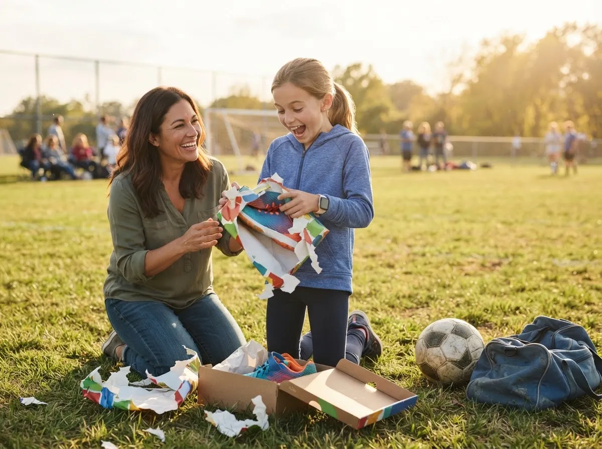 Child on sports field joyfully reacting to surprise gift from smiling parent outdoors.