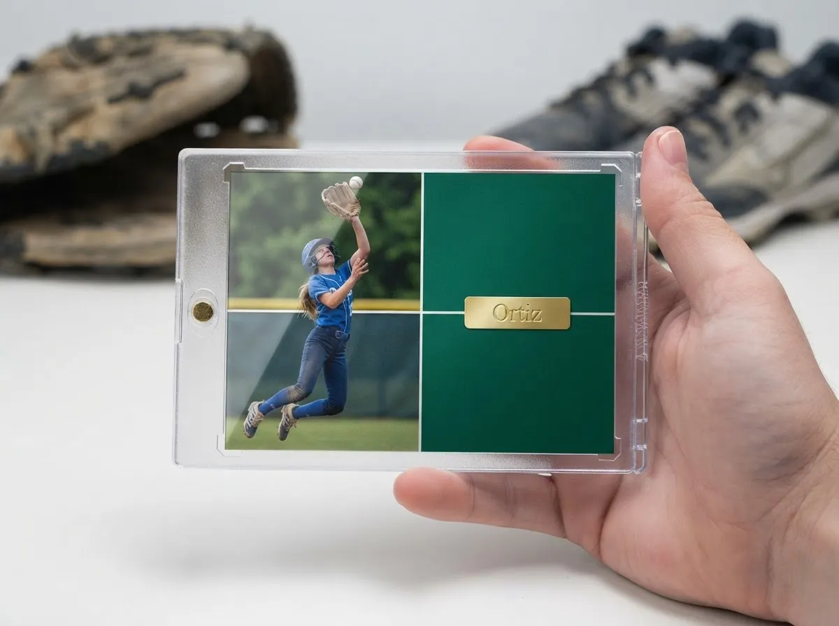 Close-up of custom sports trading card in magnetic case with foil nameplate design.