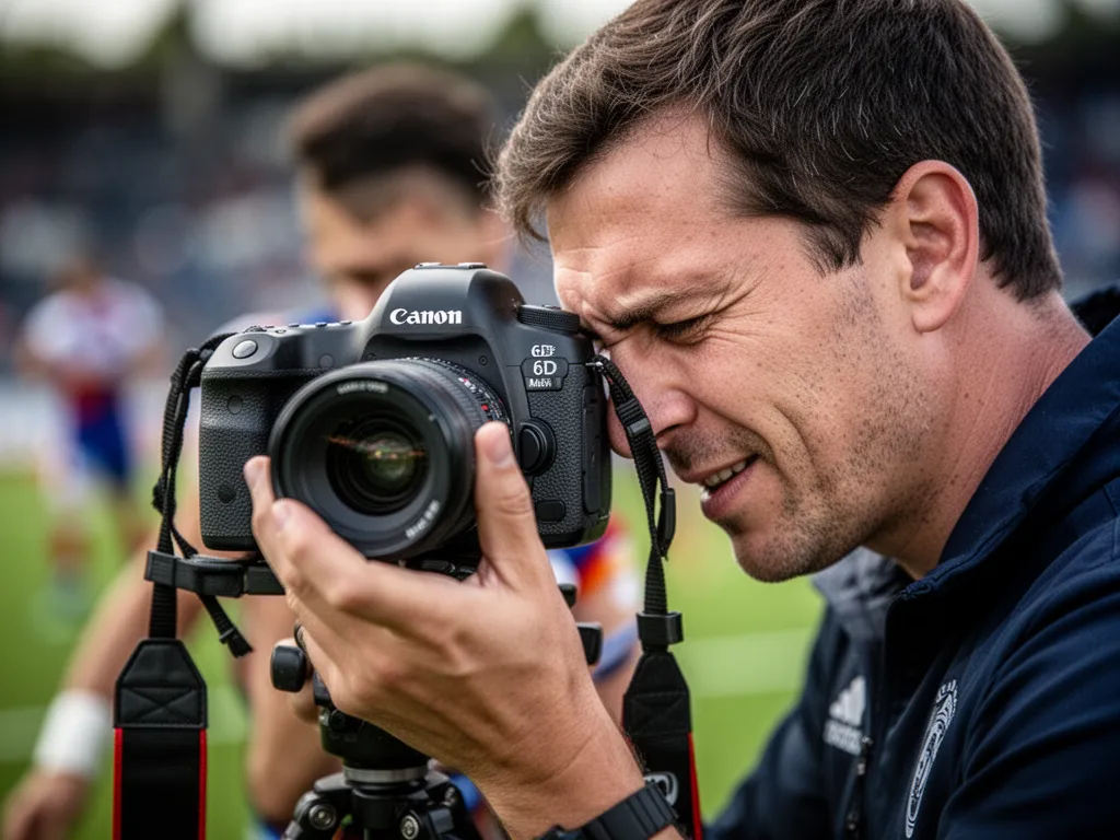 Sports photographer operating Canon 6D Mark II camera with intense focus during live athletic event documentation