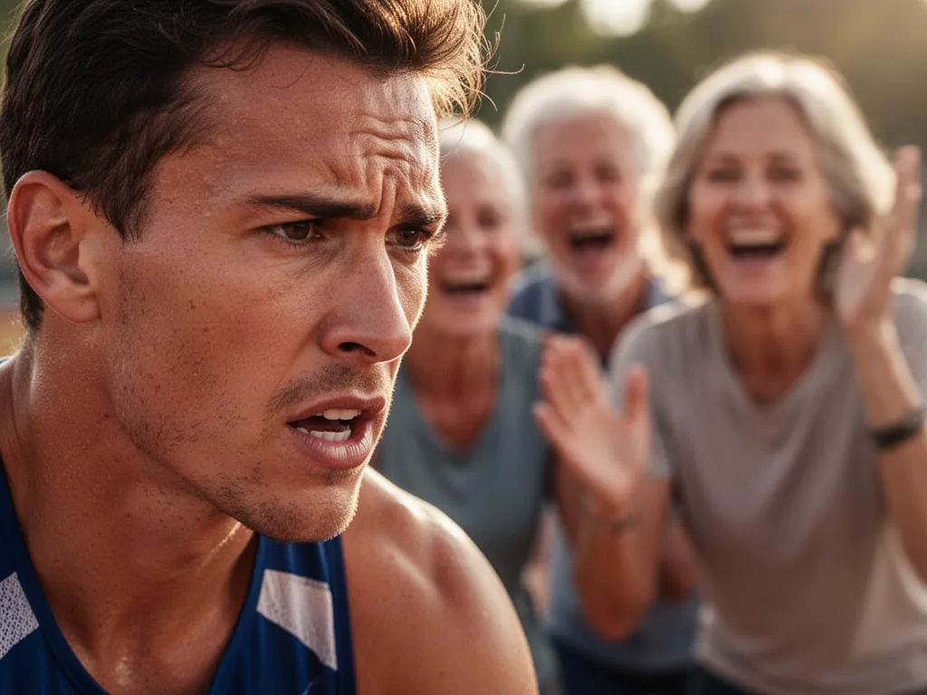 Athlete's focused expression during competition with cheering supporters blurred in warm background