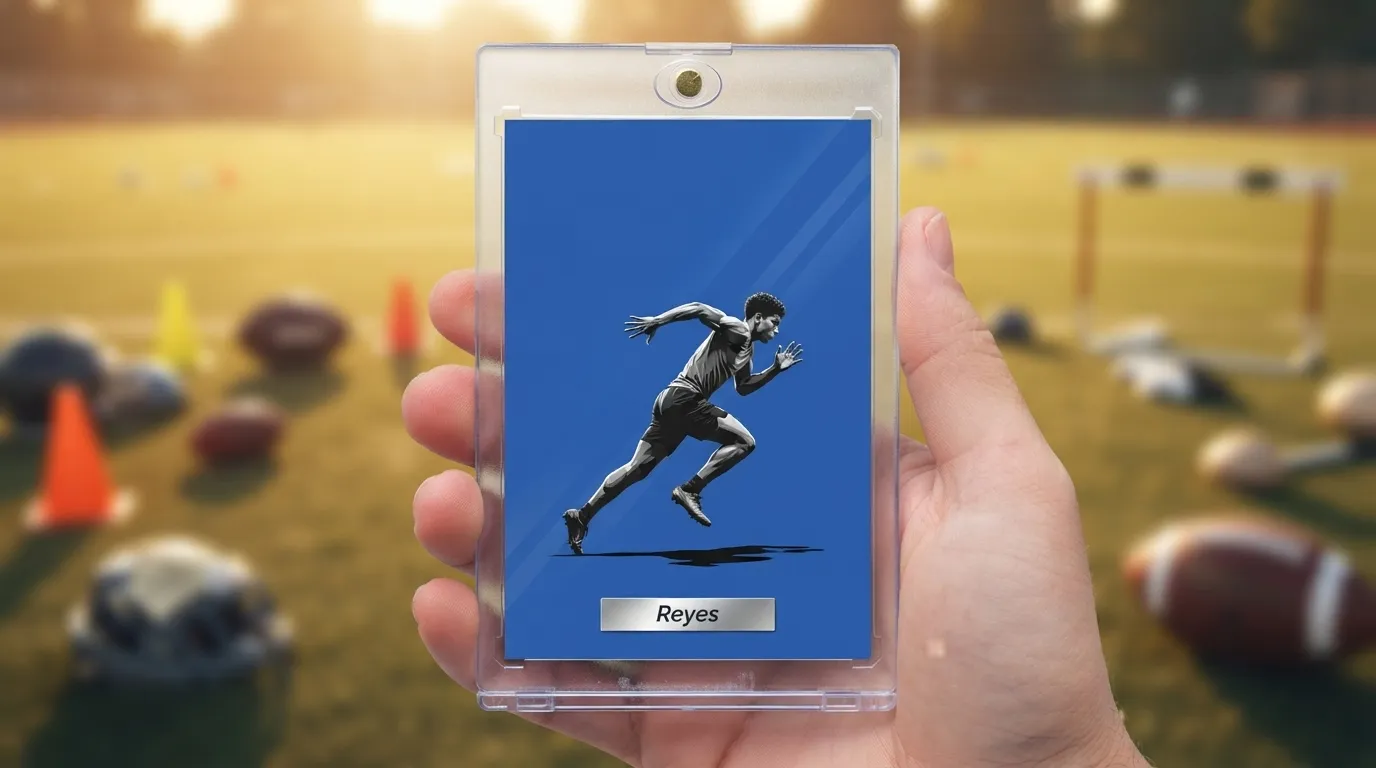 Hand holding magnetic case with 8 year old boy sports gifts trading card on golden field.