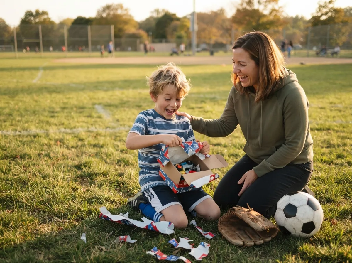 Young boy on athletic field joyfully unwrapping a surprise sports gift with parent nearby.