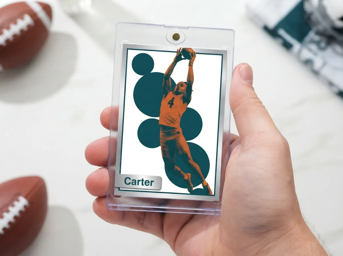 Custom sports trading card in magnetic case showing duotone athlete design on tabletop.