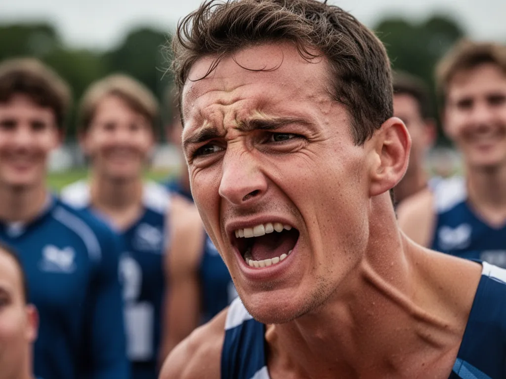 Athlete displaying intense focus and determination with supportive team members visible in blurred background