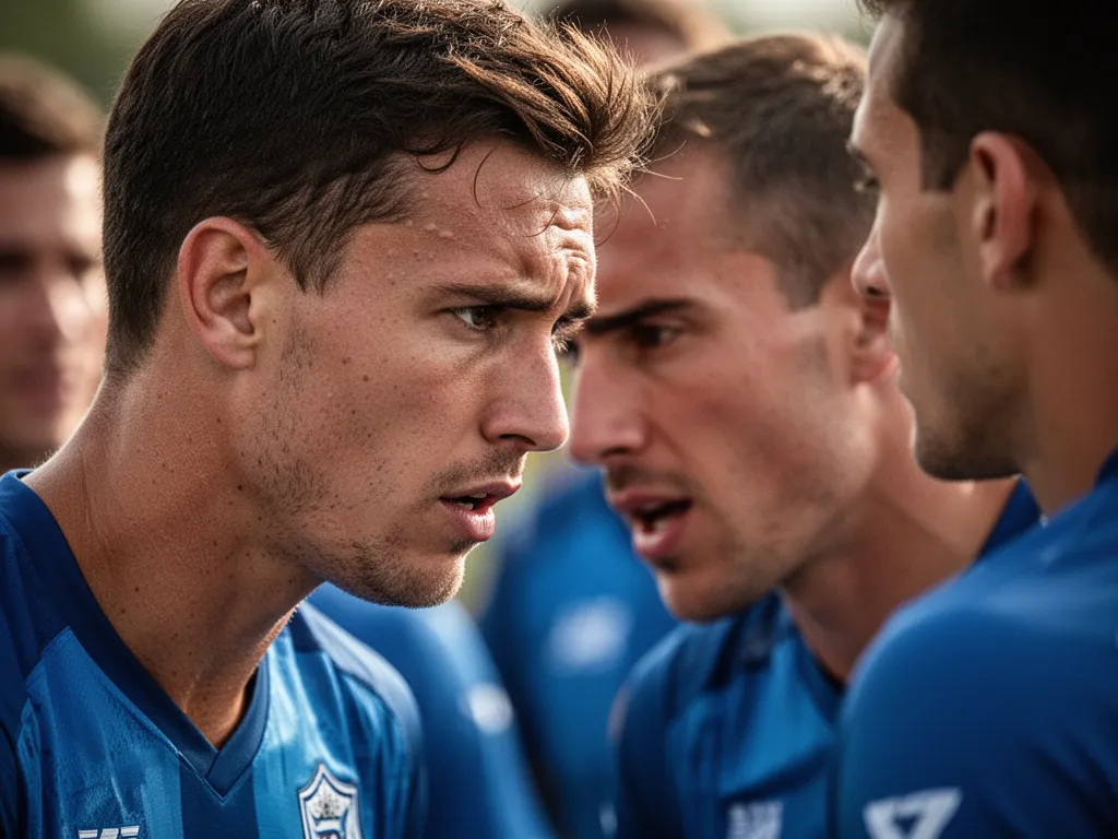 Athlete's concentrated face showing determination during competitive moment with teammates nearby