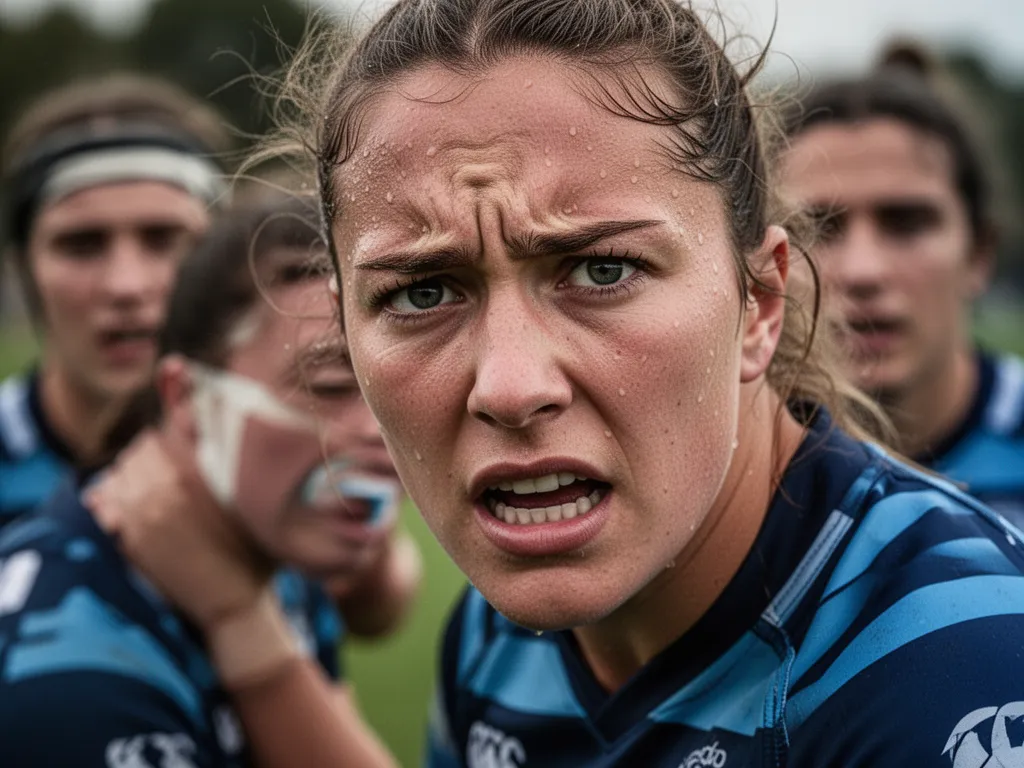 Close-up of rugby player's concentrated face showing determination during competitive play