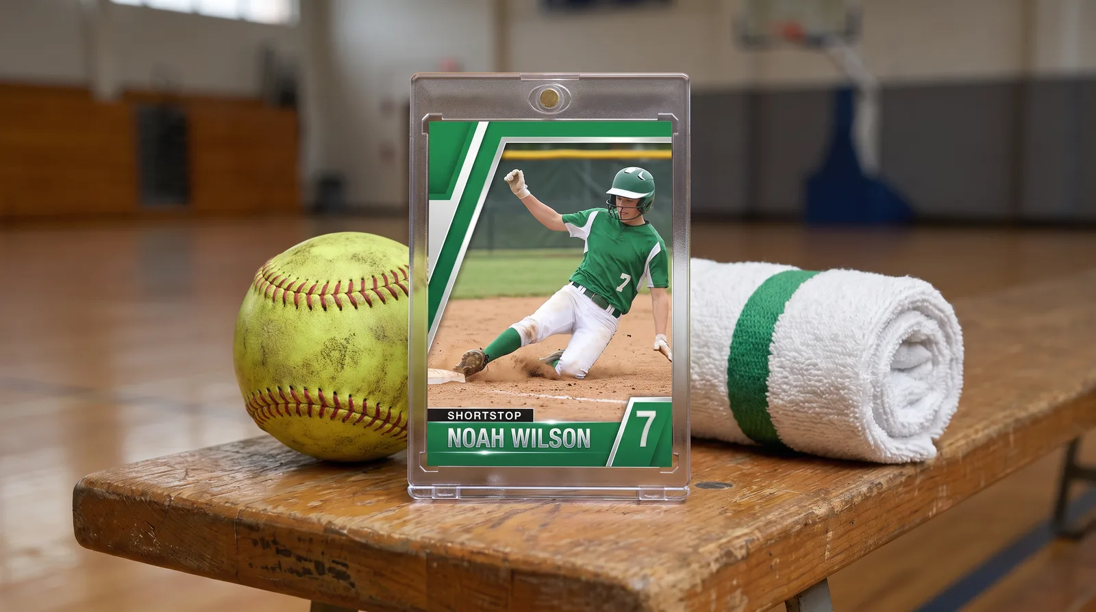Custom softball trading card propped in its magnetic case on a gym bench