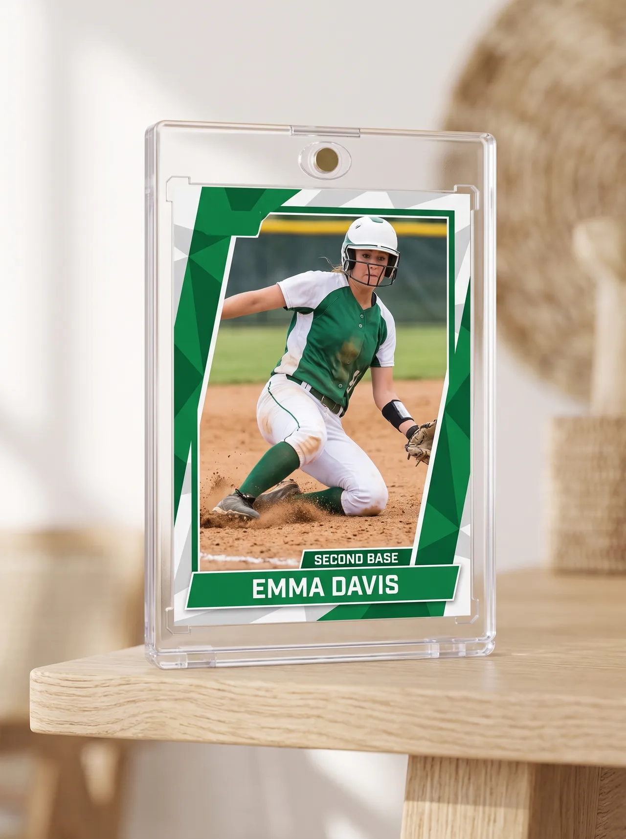 Custom softball trading card standing in its magnetic case on a wooden shelf