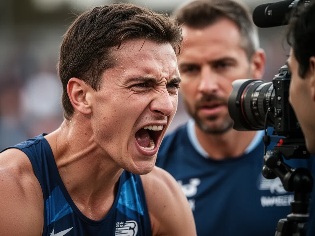 Close-up of focused athlete's face showing intensity and determination during competitive sports moment with teammates nearby.
