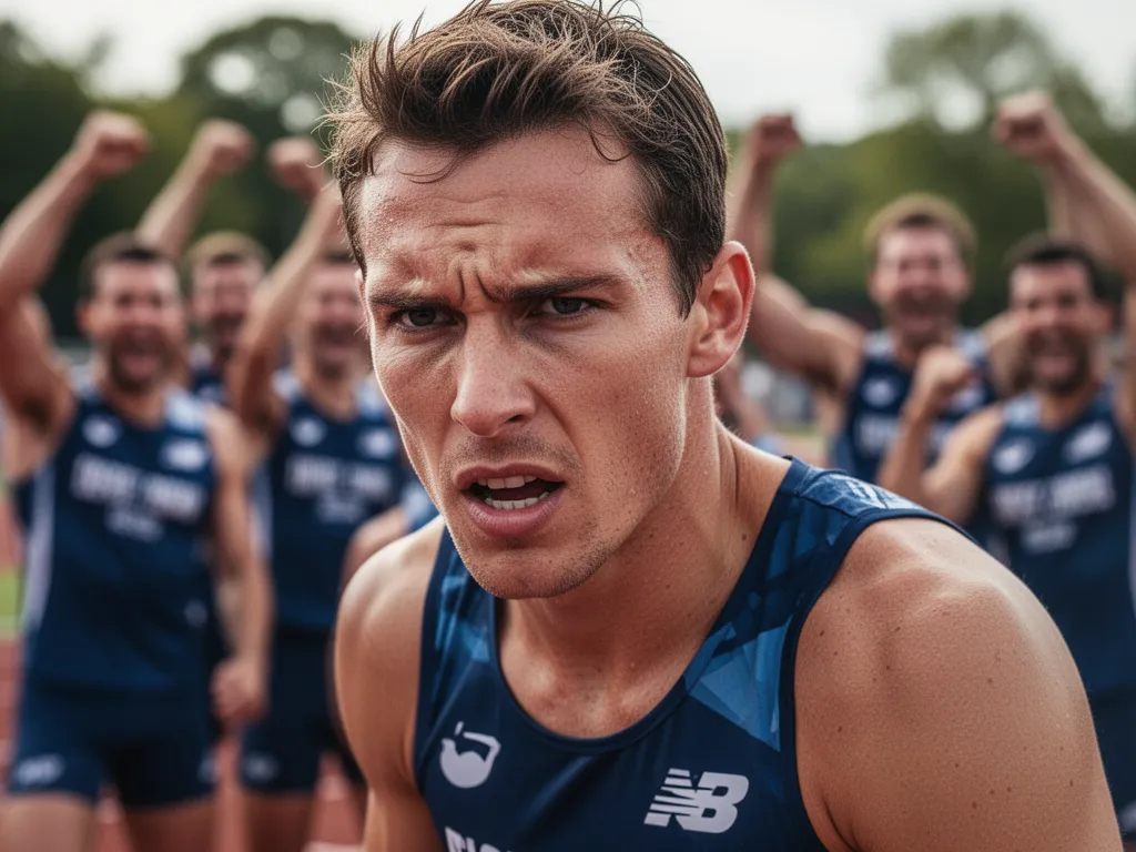 Athlete's focused expression with celebrating supporters blurred in background during outdoor competition