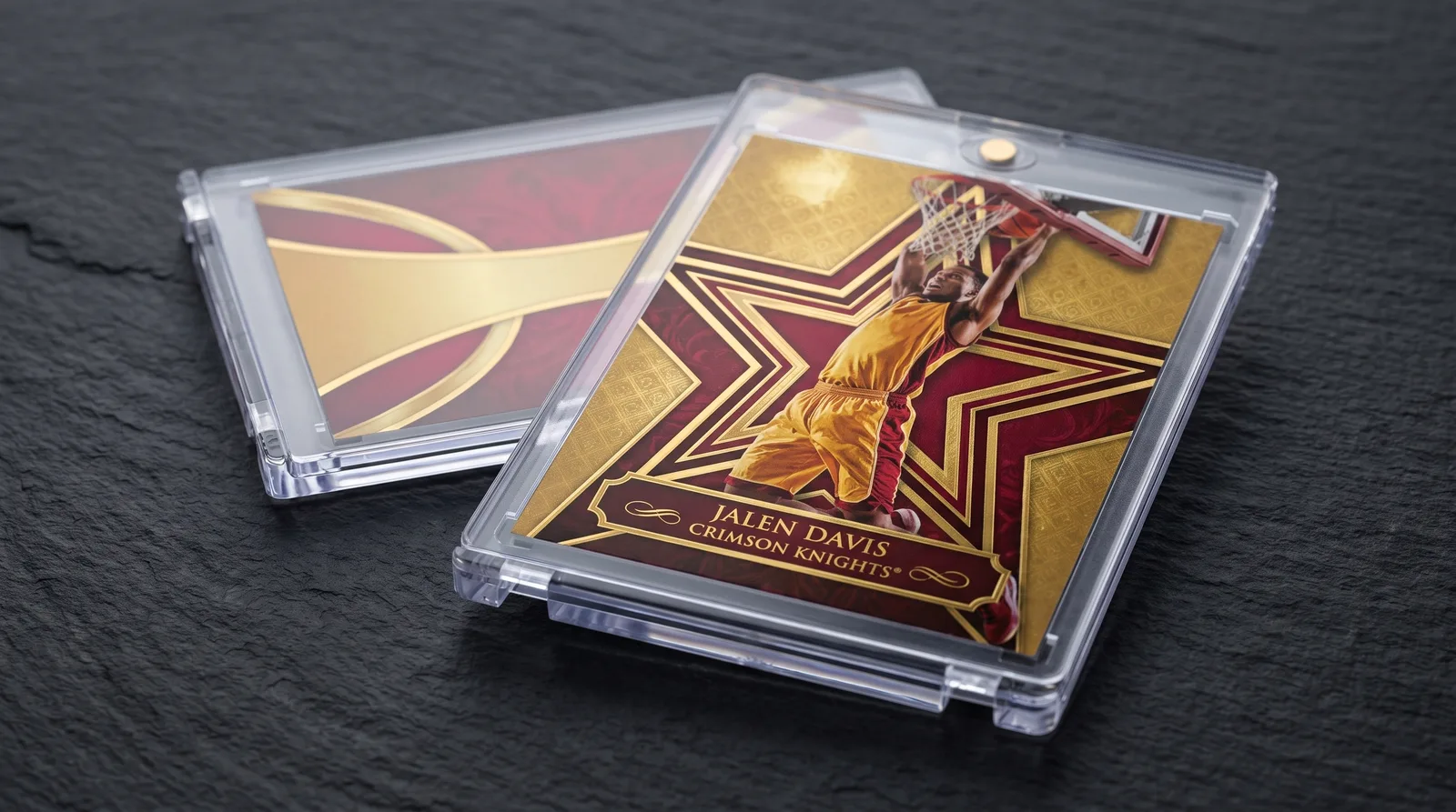 Two custom tournament basketball trading cards in magnetic cases on a dark slate surface