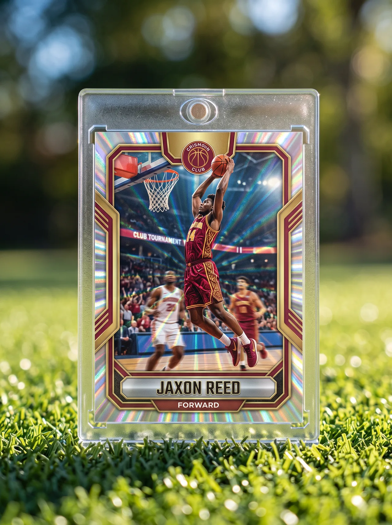Custom tournament basketball trading card standing in its magnetic case on outdoor turf