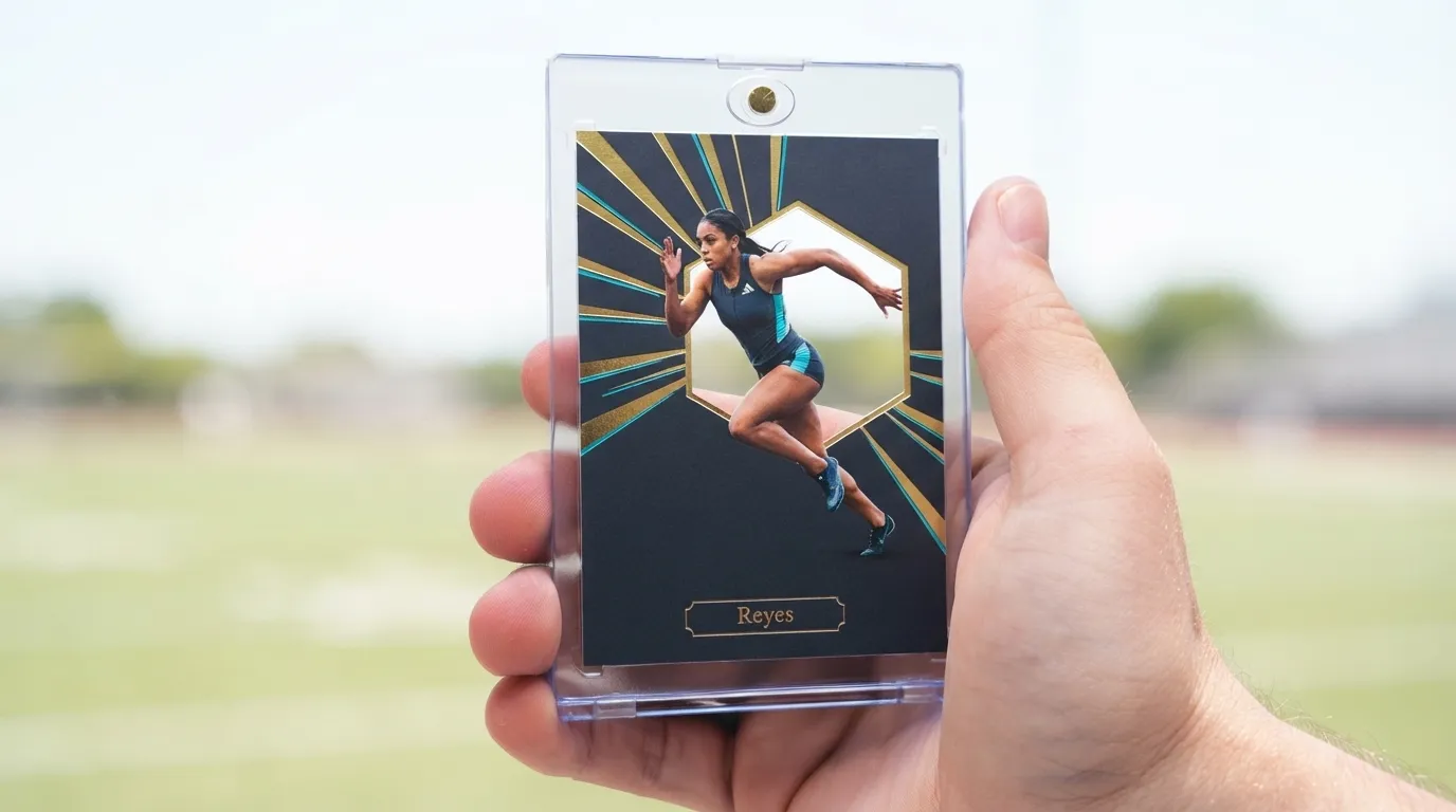 Hand holding magnetic case with gold-foil abstract sports photography trading card of a sprinter.