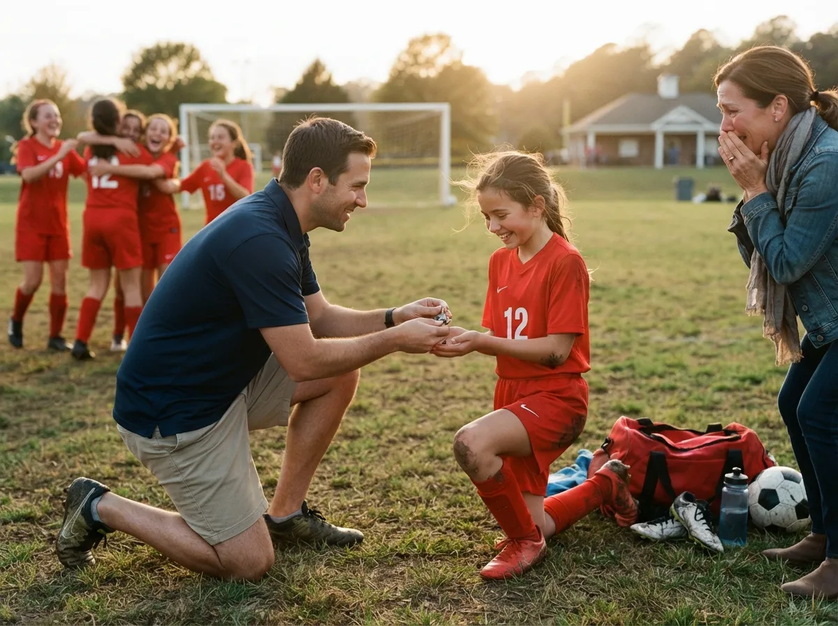 Coach and young athlete share a proud emotional moment on a sunny sports field.