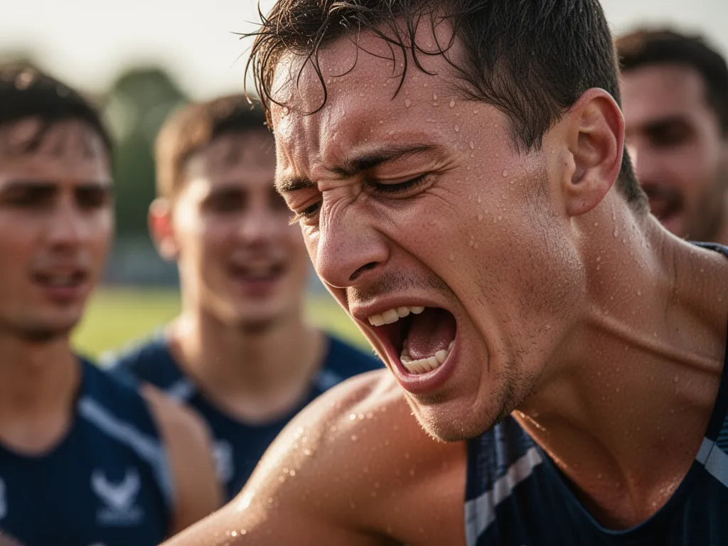 Athlete's face showing intense concentration and effort with glistening sweat and emotional determination.