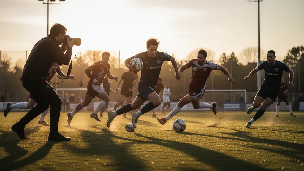 Multiple athletes in motion during outdoor sports action with natural golden hour lighting