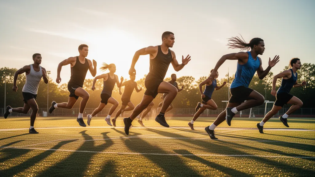 Multiple athletes sprint and jump across a sunlit outdoor field in dynamic motion