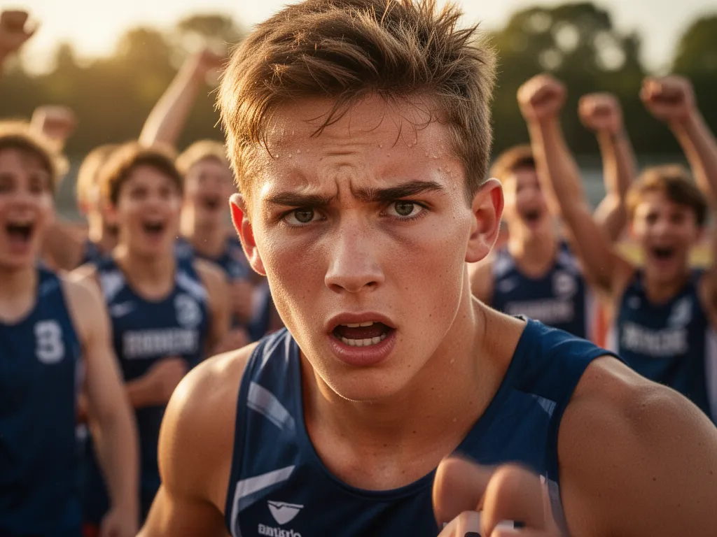 Young athlete's focused expression during competition with supportive teammates visible behind