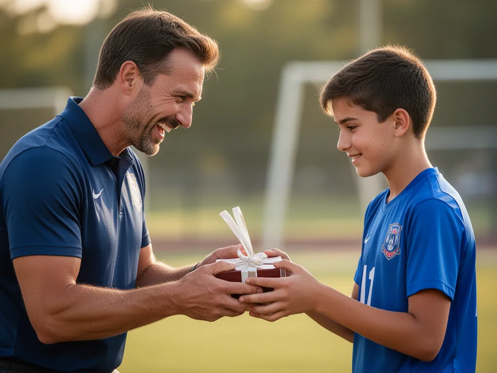 Coach presenting gift or award to young athlete with genuine emotion and pride visible