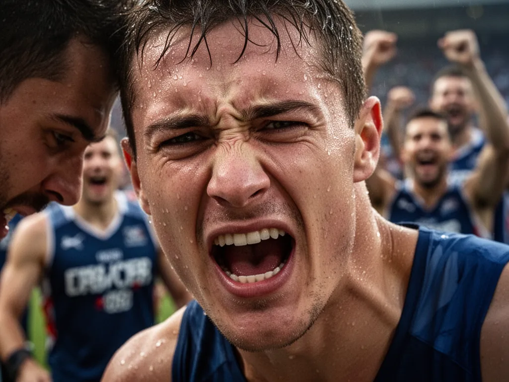 Athlete's focused face showing intense determination with celebrating teammates visible in soft background