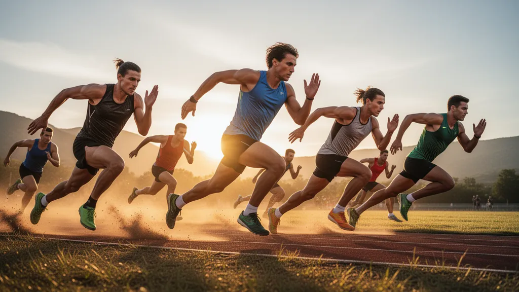 Multiple athletes in motion during outdoor competition with natural golden hour lighting and dynamic energy