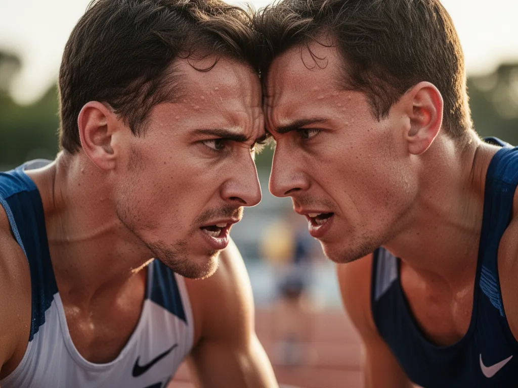 Close-up of athlete's face showing intense concentration and determination during outdoor sporting moment