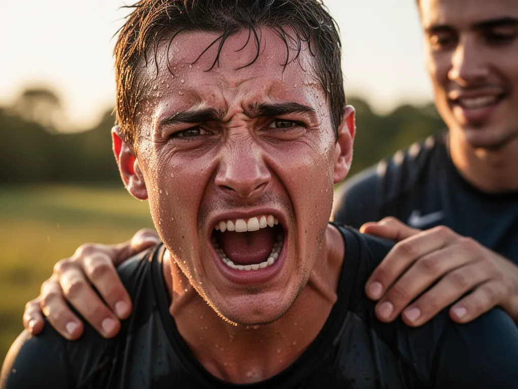 Exhausted athlete's emotional face showing determination with supportive teammate's hand on shoulder