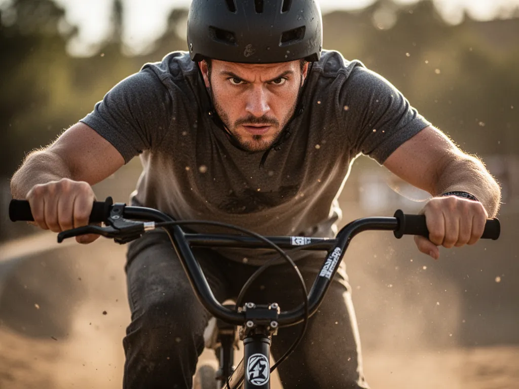BMX rider's concentrated face and hands on handlebars during trick execution with dust particles visible.
