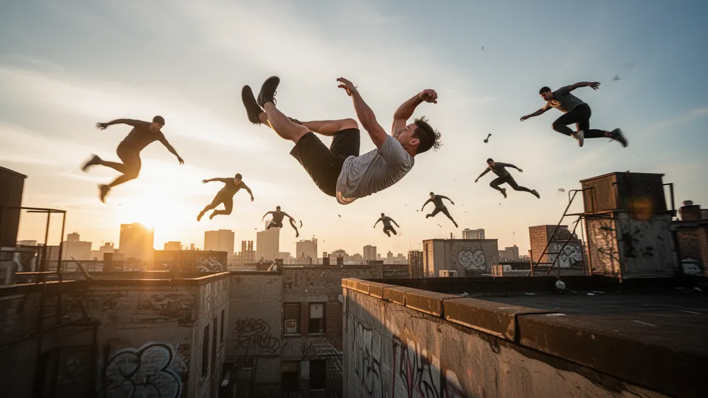 Parkour athlete performing aerial flip off rooftop with other athletes training in background during golden hour