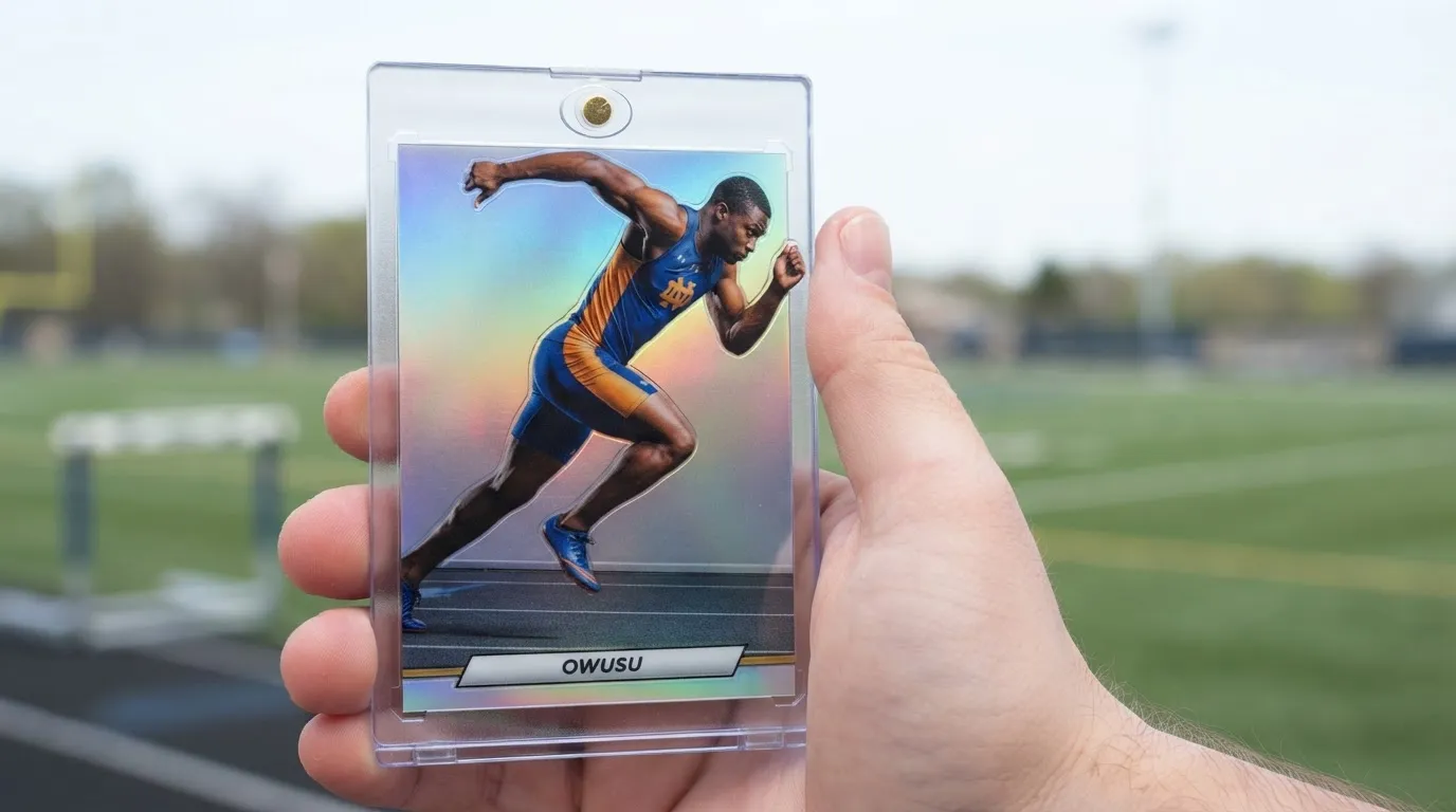 Hand holding magnetic case with action sports photography pricing trading card of sprinter breaking the frame.