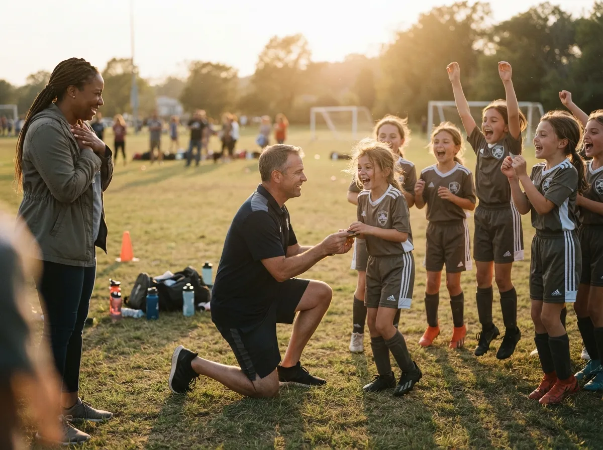 Coach and joyful young athlete share proud celebration moment with team on field.
