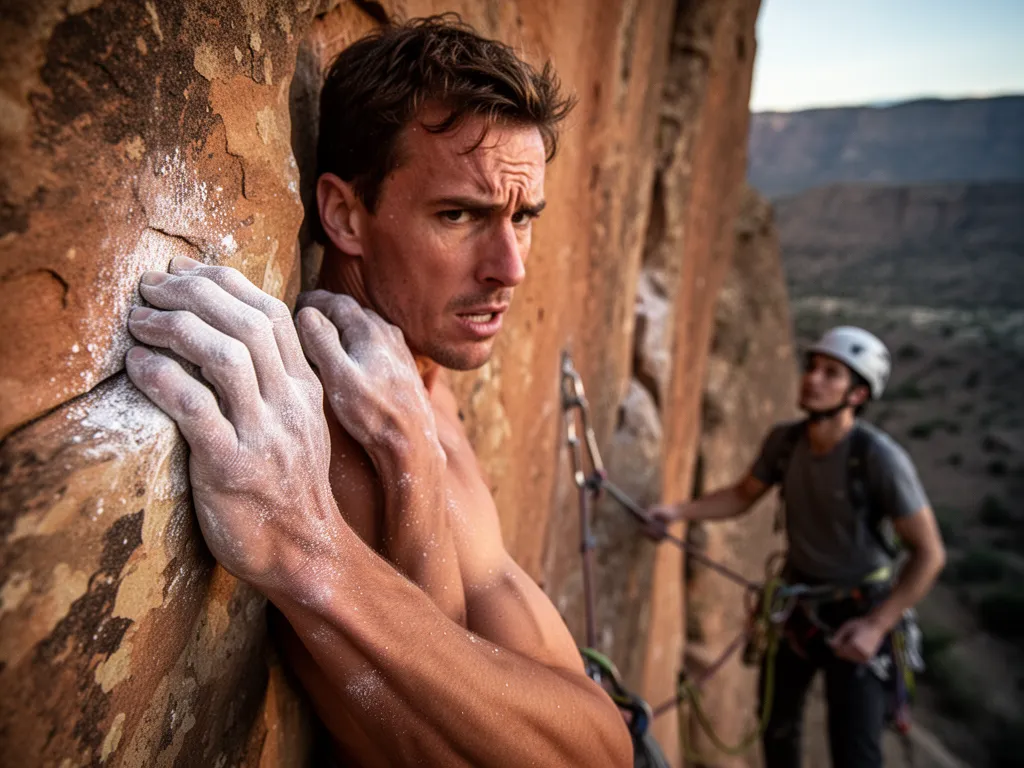 Rock climber's focused expression and hands gripping stone wall with belayer visible in blurred background