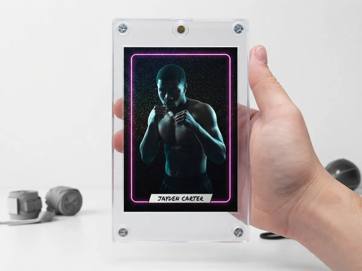 Custom sports trading card in magnetic case showing boxer lit with neon rim light.
