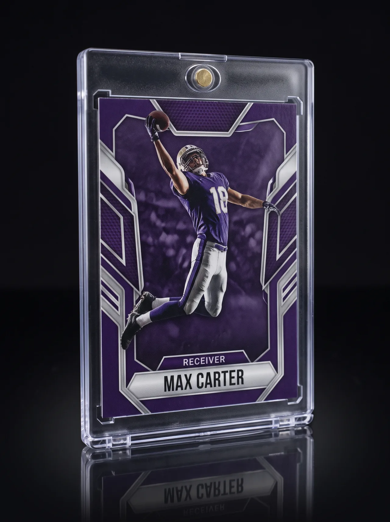 Custom football trading card standing at an angle on a dark reflective surface