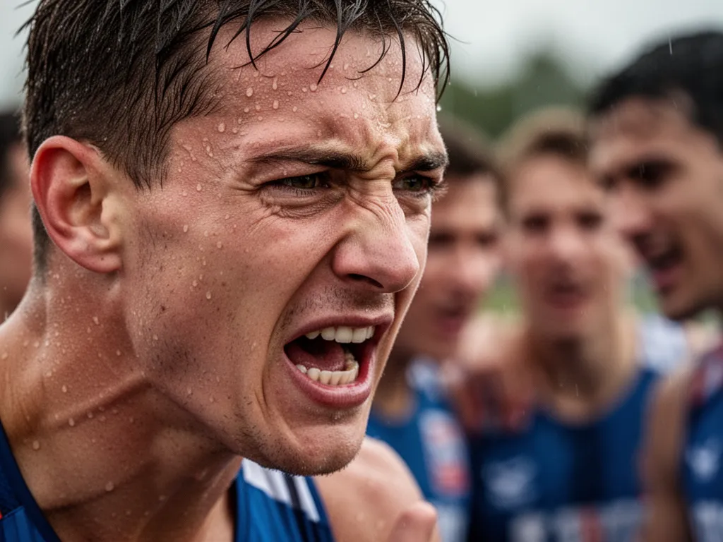 Athlete's face shows intense determination and concentration during competitive sports moment outdoors