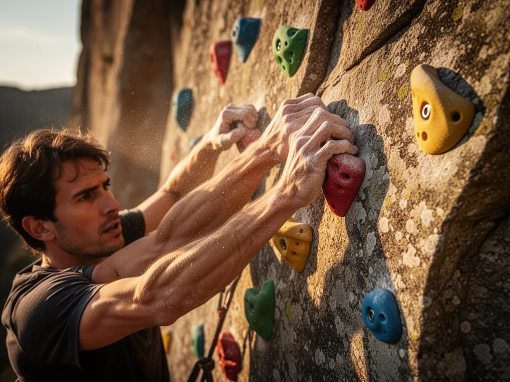 Rock climber's hands grip stone holds with intense expression and focused determination visible.