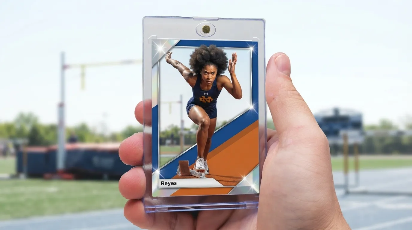 Hand holds magnetic case with affirmation cards trading card of sprinter bursting from blocks, chrome diagonal frame.