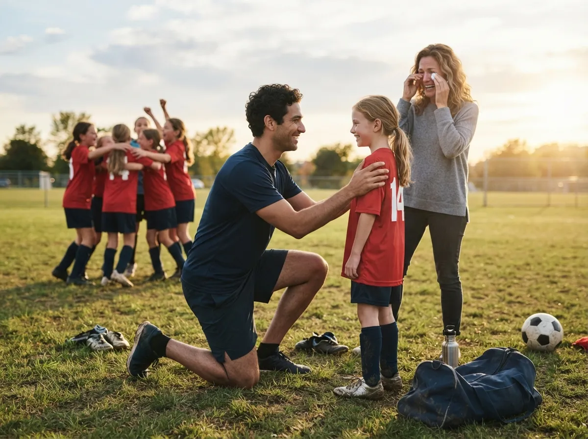 Coach and young athlete share a proud emotional moment on a sunny sports field.