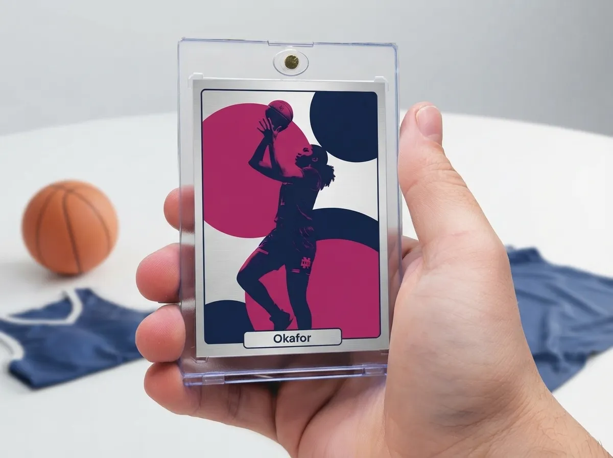 Custom sports trading card in magnetic case showing duotone magenta basketball player design.