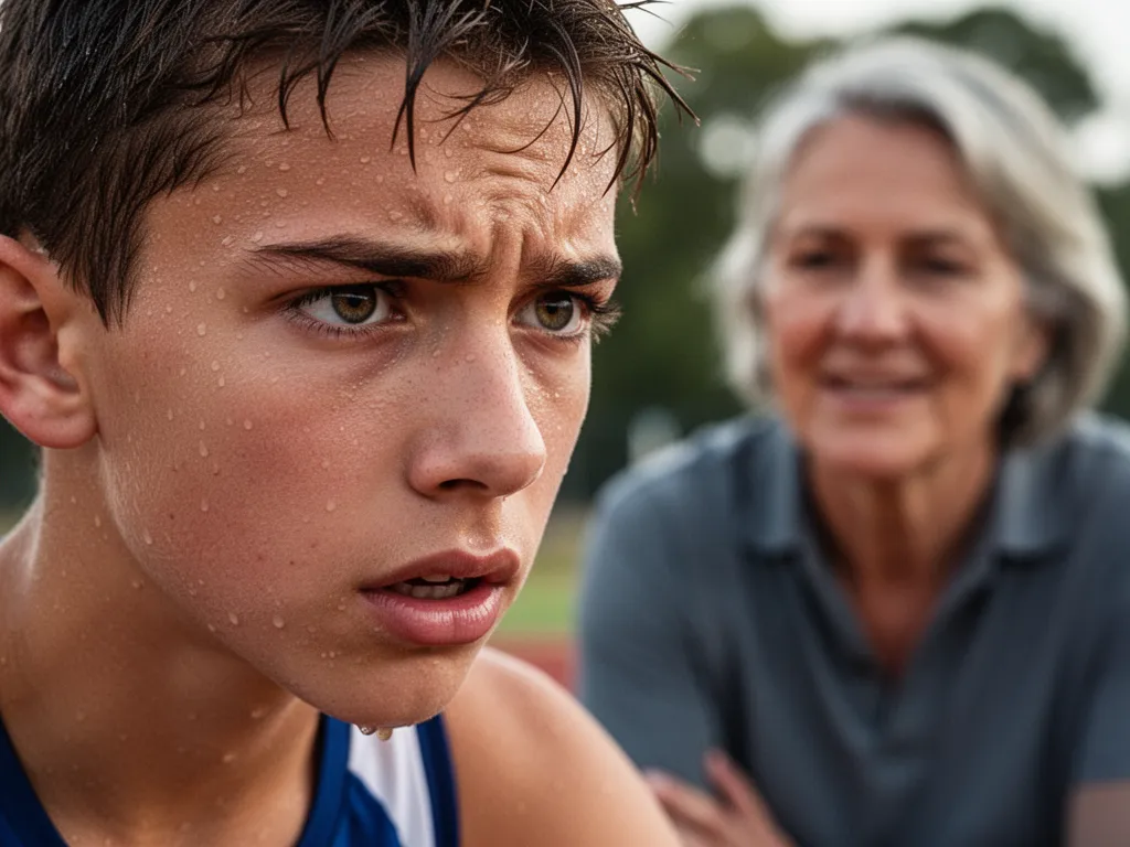 Young athlete's focused expression during competition with supportive coach watching in background