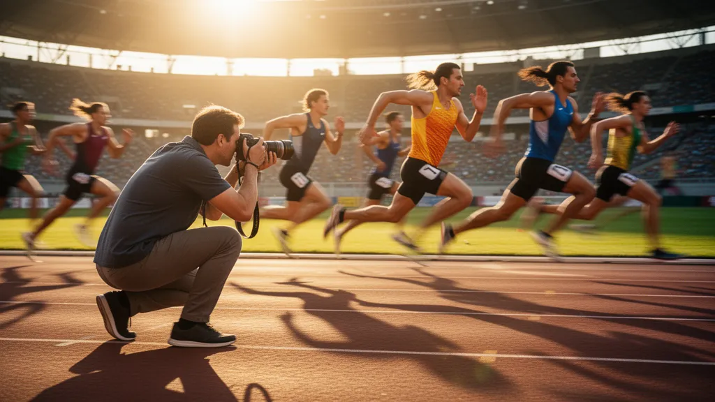 Sports photographer in action capturing athletes sprinting on outdoor track during golden hour lighting with dynamic motion.